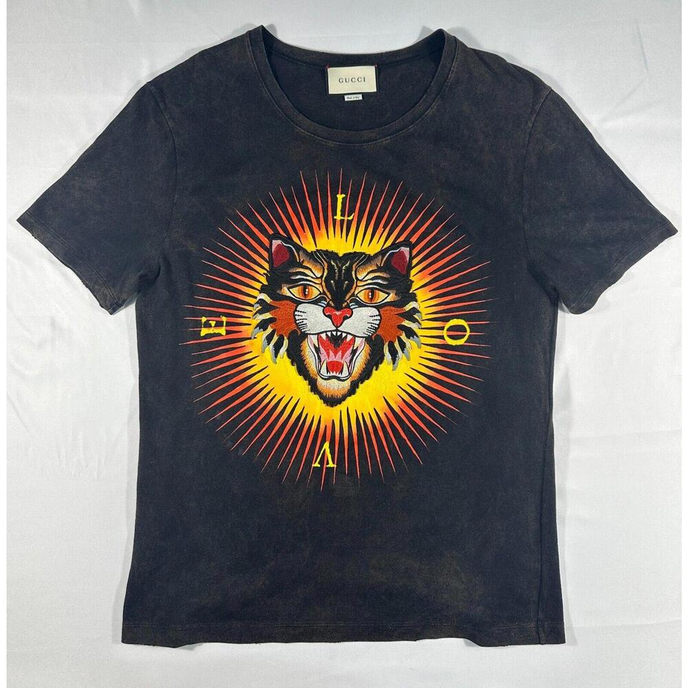 GUCCI Authentic 2017AW Made in Italy Angry Cat Embroidered Double-Sided Print